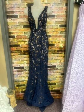 Navy Lace Deep V-Neck Prom Gown